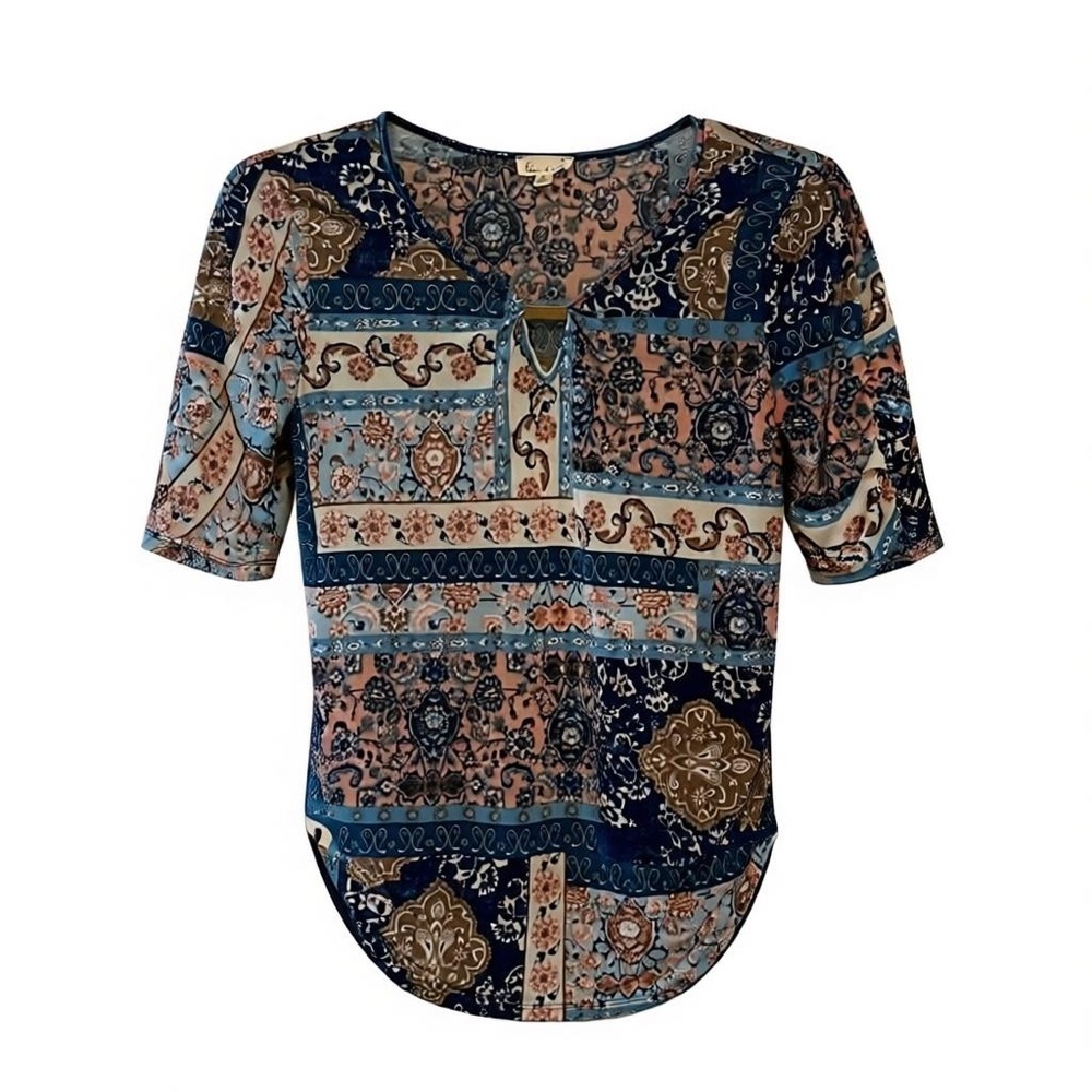 Womens Boho Patchwork Print Top S Emi & Joe Keyhole Neck 3/4 Sleeve Polyester/Sp